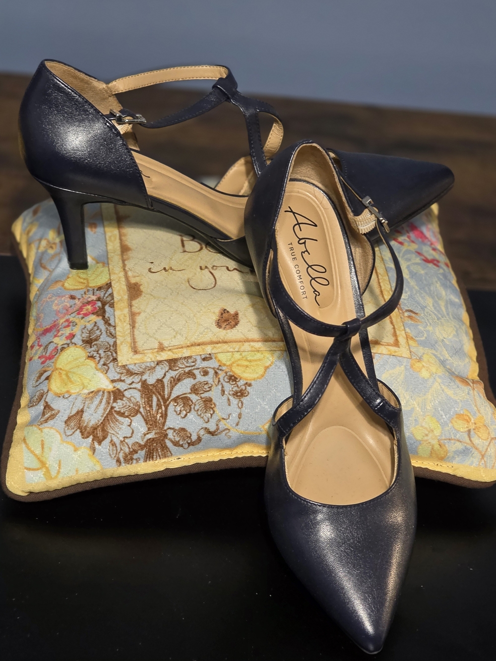 Ariella Navy Pointed T-Strap Mid Heels